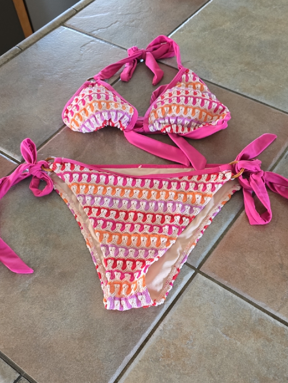 Pink Multicolor Crochet-Detail Bikini Set Sz Lg